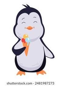 Cute penguin stands with ice cream and eating. Funny drawn character in cartoon style. Adorable wild animal. Vector illustration