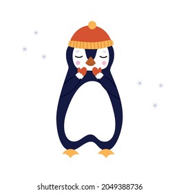 A cute penguin stands in a red hat and gloves. Greeting card or wallpaper