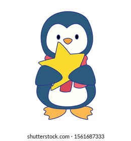 cute penguin with star icon over white background, vector illustration