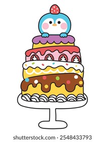 Cute penguin stay on big cake.Happy birthday.Celebration party.Chocolate.Strawberry.Whipping cream.Polar bird animal character cartoon design.Kawaii.Vector.Illustration.