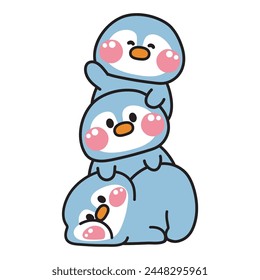 Cute penguin stay on top each other.Bird animal character cartoon design.Image for card,poster,sticker,baby clothing,t shirt print screen.Kawaii.Vector.Illustration.