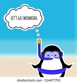 Cute penguin sticker on blurred background sea. EPS 10