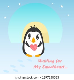 Cute Penguin with Stone in Heart Shape near Home from Snow Called Yurta. Simplified Kawaii Style Greeting Card for Romance, Dating and Valentine Day.