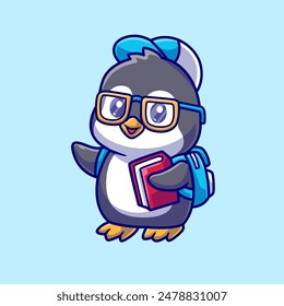 Cute Penguin Student Go To School With Book Cartoon Vector Icon Illustration. Animal Education Icon Concept Isolated Premium Vector. Flat Cartoon Style