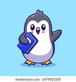 Cute Penguin Student Holding Book Cartoon Vector Icon Illustration. Animal Education Icon Concept Isolated Premium Vector. Flat Cartoon Style