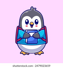 Cute Penguin Student Holding Book With Backpack Cartoon Vector Icon Illustration. Animal Education Icon Concept Isolated Premium Vector. Flat Cartoon Style