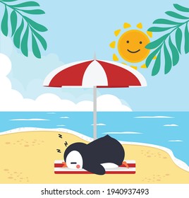 Pingüino lindo con fondo de playa de verano