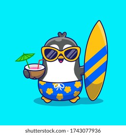 Cute Penguin Summer Vector Icon Illustration. Animal Summer Icon Concept Isolated Premium Vector. Flat Cartoon Style 