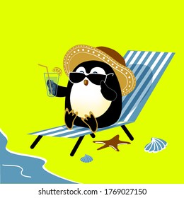 Cute penguin sunbathing  wearing sunglasses   laying beach near sea line in lounge chair and cold icy drink  cartoon animal vacation  flat vector illustration