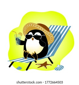 Cute penguin sunbathing  wearing sunglasses   laying beach  in lounge chair and cold icy drink  cartoon animal character vacation  flat vector illustration  relax   travel concept