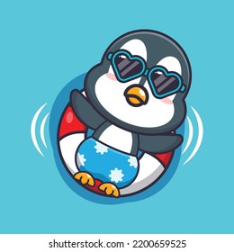 Cute penguin in sunglasses float with buoy.