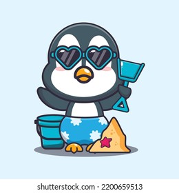 Cute penguin in sunglasses playing sand beach cartoon illustration.