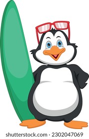 cute penguin with a surfboard