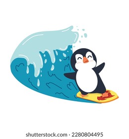 Cute penguin surfing big wave cartoon