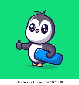 cute penguin with surfing board vector icon illustration