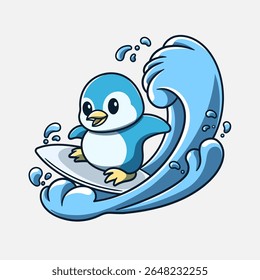 cute penguin surfing cartoon illustration
