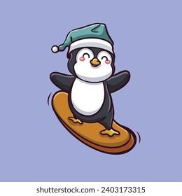  Cute penguin surfing cartoon vector icon illustration