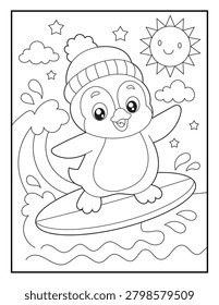Cute Penguin Surfing Ocean