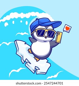 Cute Penguin Surfing And Selfie With Phone Cartoon Vector 
Icon Illustration. Animal Sport Icon Concept Isolated Premium 
Vector. Flat Cartoon Style 