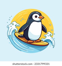 cute penguin surfing vector illustration