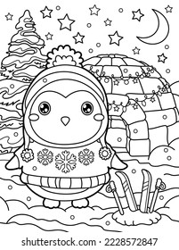 Cute penguin in a sweater with skis. Christmas and New Year. Coloring book for children. Black and white vector illustration.