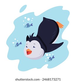 Cute penguin swim. Funny draw character in cartoon style. Adorable wild animal. Vector illustration