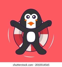 Cute penguin is Swimming with a buoy. Animal cartoon concept isolated. Can used for t-shirt, greeting card, invitation card or mascot.