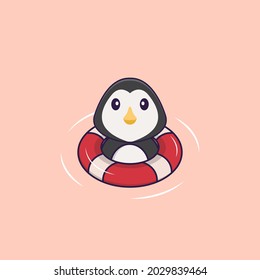 Cute penguin is Swimming with a buoy. Animal cartoon concept isolated. Can used for t-shirt, greeting card, invitation card or mascot.