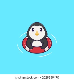 Cute penguin is Swimming with a buoy. Animal cartoon concept isolated. Can used for t-shirt, greeting card, invitation card or mascot.