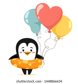 Cute penguin with a swimming ring and balloons. Vector illustration in cartoon style. Great for children's print, decor and web design.