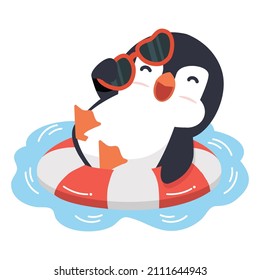 Cute Penguin swimming in rubber ring