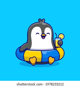 Cute Penguin With Swimming Tires And Orange Juice Cartoon Vector Icon Illustration. Animal Summer Icon Concept Isolated Premium Vector. Flat Cartoon Style