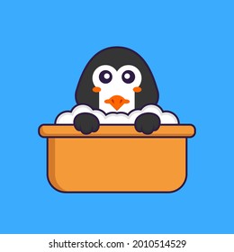 Cute penguin taking a bath in the bathtub. Animal cartoon concept isolated. Can used for t-shirt, greeting card, invitation card or mascot.