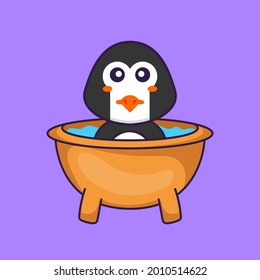 Cute penguin taking a bath in the bathtub. Animal cartoon concept isolated. Can used for t-shirt, greeting card, invitation card or mascot.