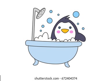 Cute Penguin taking a bath. Vector Illustration. Isolated on white background.