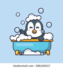 Cute penguin taking bubble bath in bathtub.