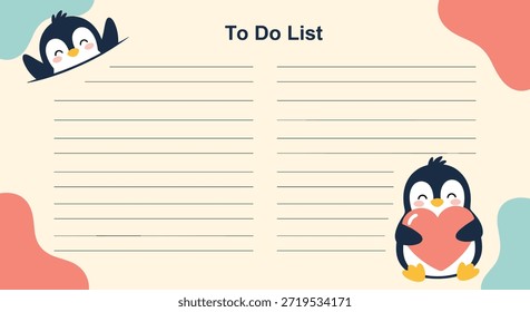 Cute penguin themed To Do List template with lines for notes and two adorable penguins, one holding a pink heart.