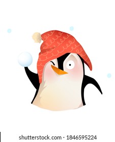 Cute penguin throwing snowballs, aiming and playing with snow. Kids and nursery winter joy and fun animal illustration, vector cartoon in watercolor style.