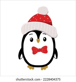 Cute penguin in  with a tie and winter hat on his head. Winter illustration. Vector illustration. 