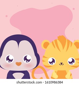 Cute penguin and tiger cartoon design, Animal zoo life nature character childhood and adorable theme Vector illustration
