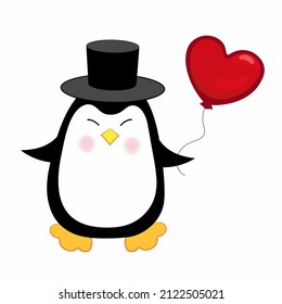 Cute penguin in a top hat with a balloon in the shape of a heart. Vector illustration. Kawaii, children's isolated vector illustration.  Illustration for birthday and Valentine's day.