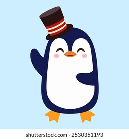 Cute penguin in a top hat. Vector flat illustration.