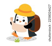 Cute Penguin traveler go hiking with backpack and map, cartoon vector character for children