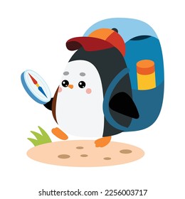 Cute Penguin traveler go hiking with backpack and compass, cartoon vector character for children