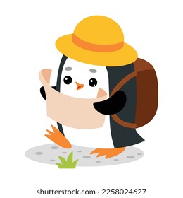 Cute Penguin traveler go hiking with backpack and map, cartoon vector character for children