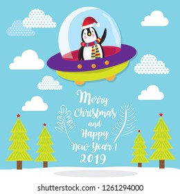 Cute Penguin in UFO Vector ,illustration for Merry Christmas and Happy New Year,Cute Penguin  in simple cartoon style,Illustration of Penguin   in colorful UFO - Vector,text space