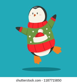 Cute Penguin in an Ugly Christmas Sweater. Vector cartoon funny animal character isolated on background.