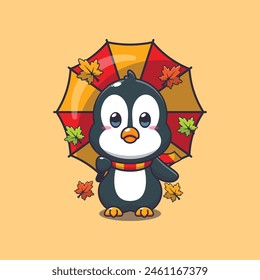 Cute penguin with umbrella at autumn season. Mascot cartoon vector illustration suitable for poster, brochure, web, mascot, sticker, logo and icon.