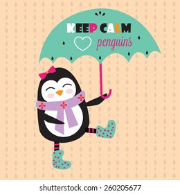 cute penguin with umbrella vector illustration