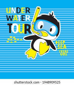 Cute Penguin Under Water Tour T-Shirt Design Vector